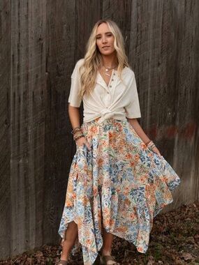 Three Bird Nest Asymmetrical Floral Skirt - Cream, Blue & Orange